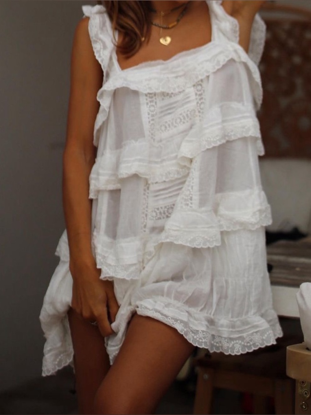 Free People White Lace Tiered Boho Tunic